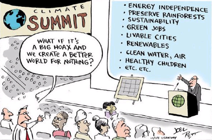 Cartoon image at a climate summit. Someone in audience says "what if it's a big hoax and we create a better world for nothing?"