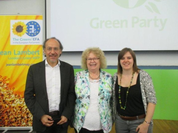 Left to right: Bolivian Ambassador to the UK H.E. Roberto Calzadilla, Member of European Parliament Jean Lambert, Friends of Europe Donna Hume at the climate panel in Birmingham.